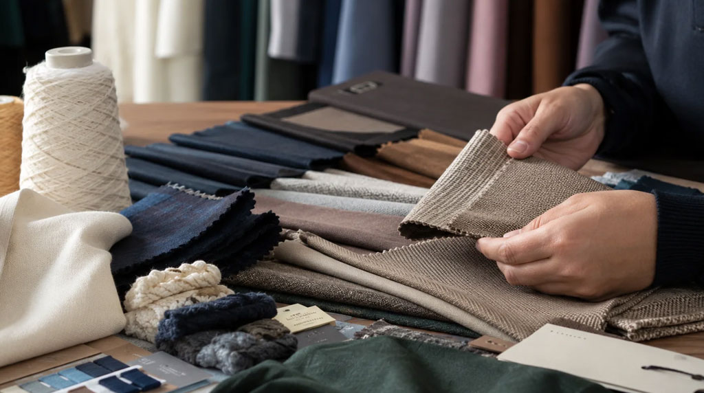 Knit fabric samples being inspected before bulk apparel production